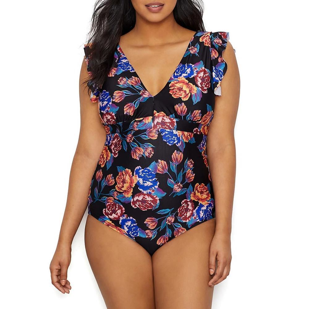 ModCloth Womens‎ Kelsie One-Piece Swimsuit Ruffle Black Blue Size XL